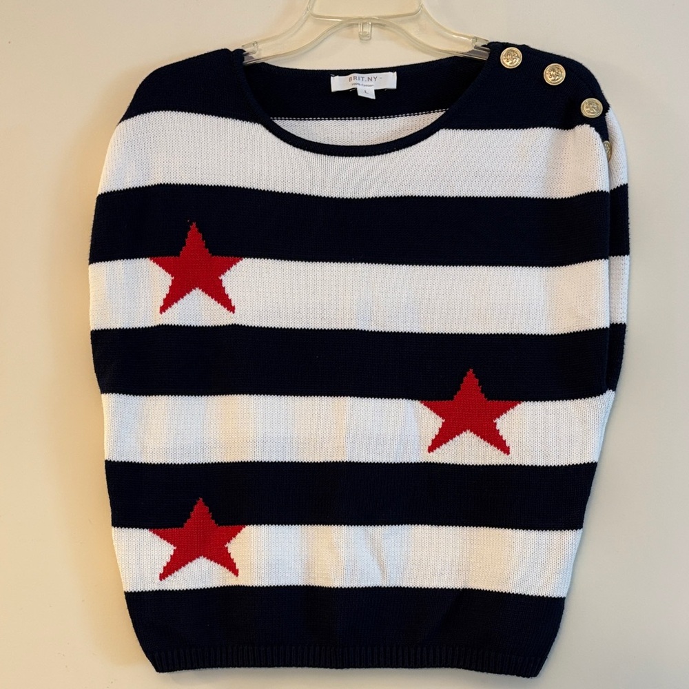 BRIT.NY Women’s Navy and White Striped Knit Sweater with Red Stars, size L